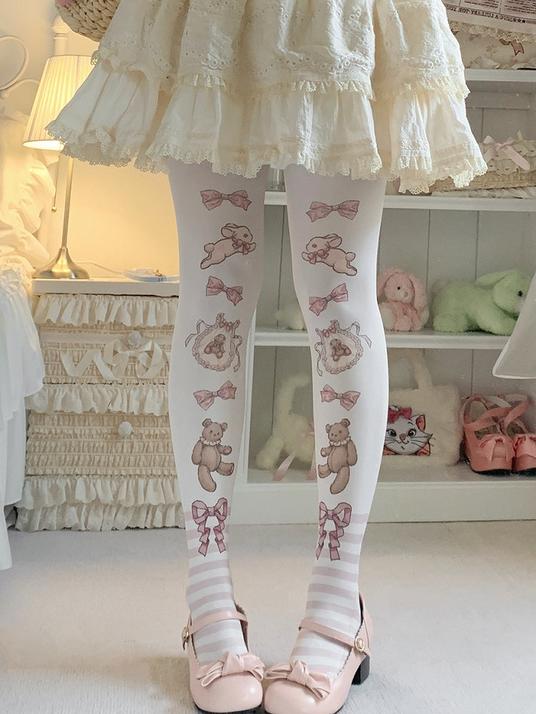 Brown/Pink Bunny and Bear Striped Sweet Lolita Tights