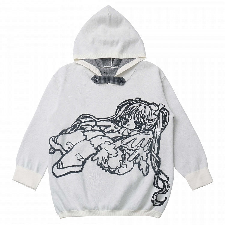 White/Grey Little Cartoon Girl Hooded Sweater