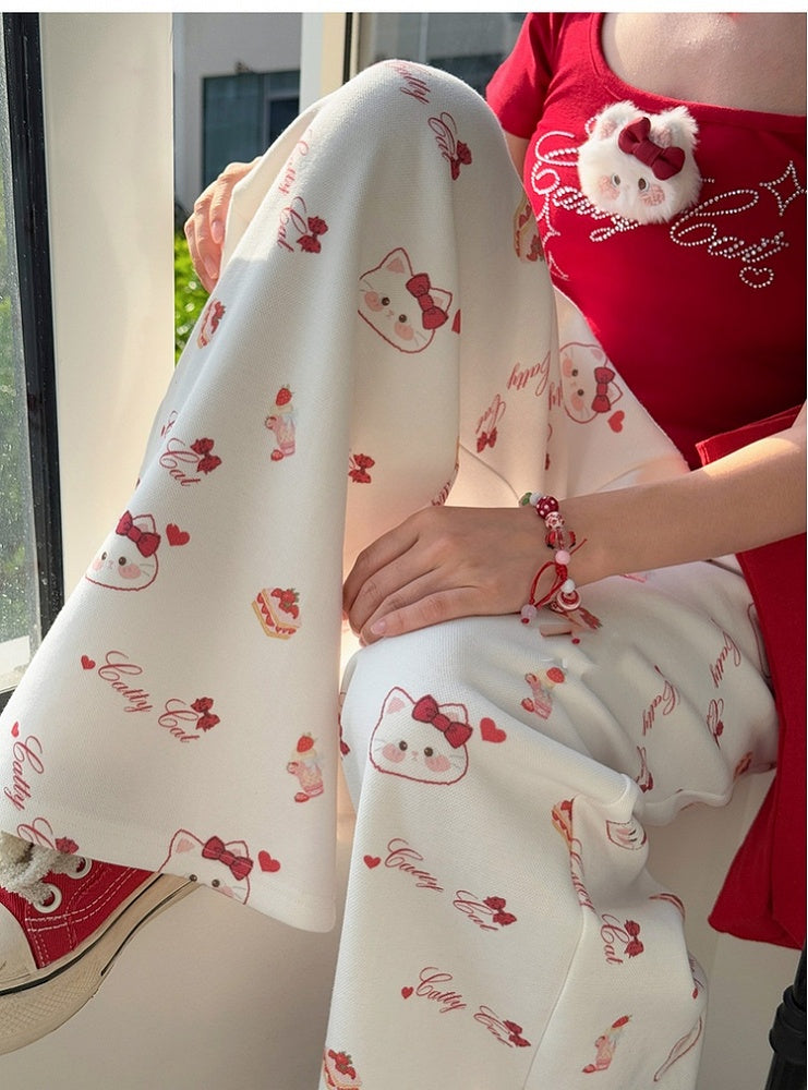 White Drawstring Waist Allover Kitty Print Wide-Leg Casual Pants