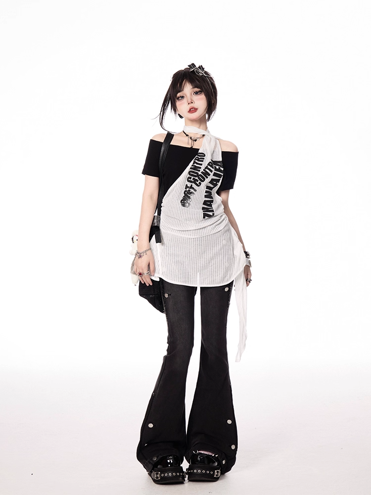 Y2K Black and White Letter Two-pieces Print Halter T-shirt