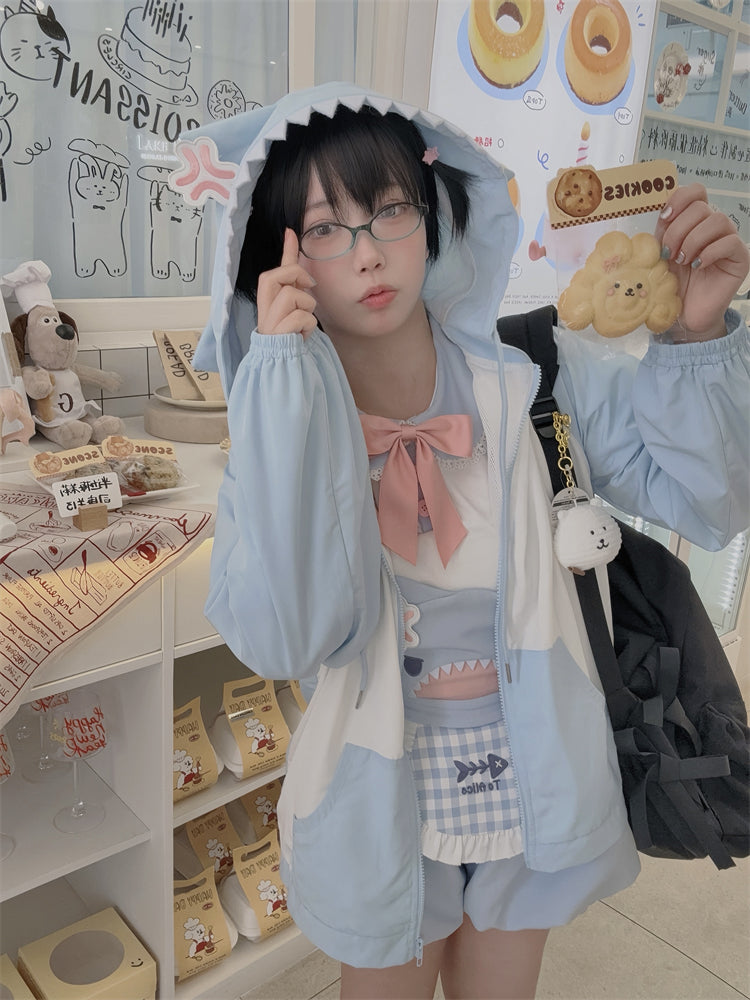 Jacket Shark Design Hood Blue and White Colorblock Design Windbreaker