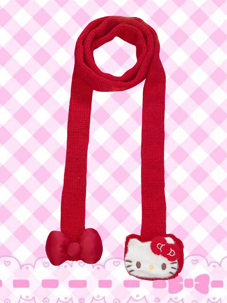 Red/Pink Y2K Kitty Design Knitted Scarf