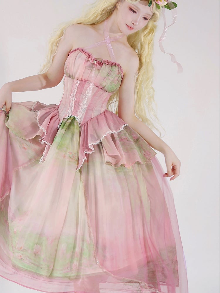 Tiered Flounce Hem Halter Boned Corset Top Pink Print Light Fairy Oil Painting