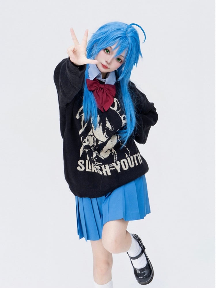 Cartoon Girl Knitted Print And Letter Sweater Black