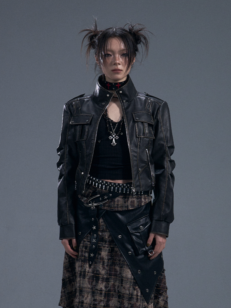 Black PU Vintage Punk Crop Jacket with Buckle Accents
