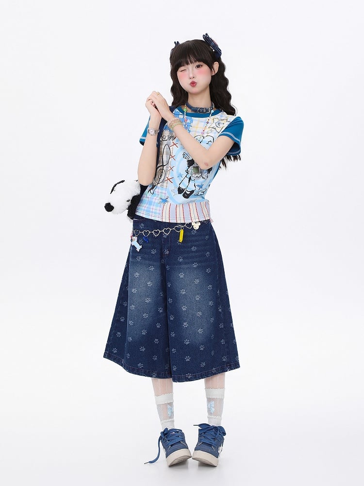 Slim-Fit T-shirt with Pink Cartoon Girl Print Blue/Apricot Plaid Patchwork