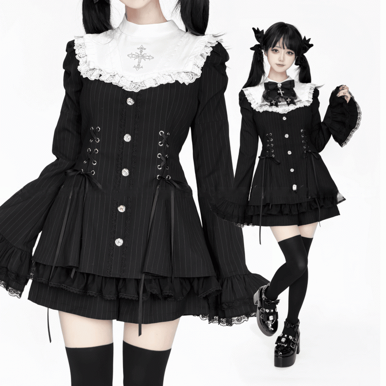 Black Kei - Tie Fashion Dress Sleeves Bow Waist Bib Striped Shorts Lace-Up Matching Outfit Jirai Bell with