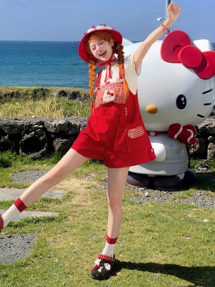 Red Plaid Bowknot Plush Kitty Overall Shorts