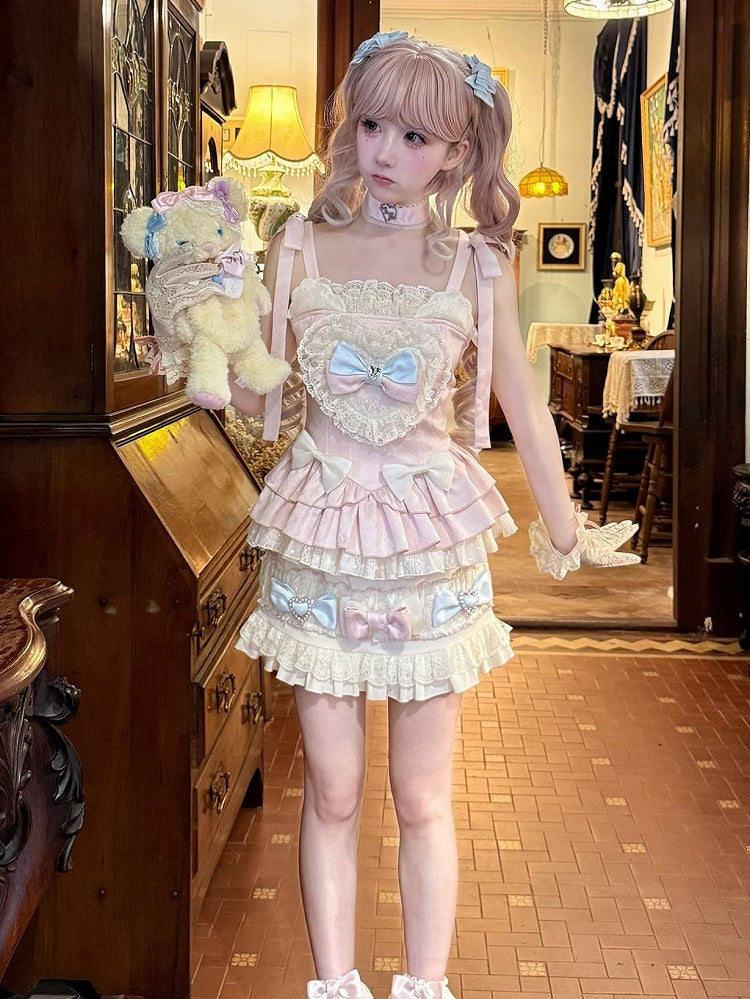 Skirt Lolita + Accents Puff Pink Full Sleeves and Set Cami Sweet - Top Cropped Bow Blue