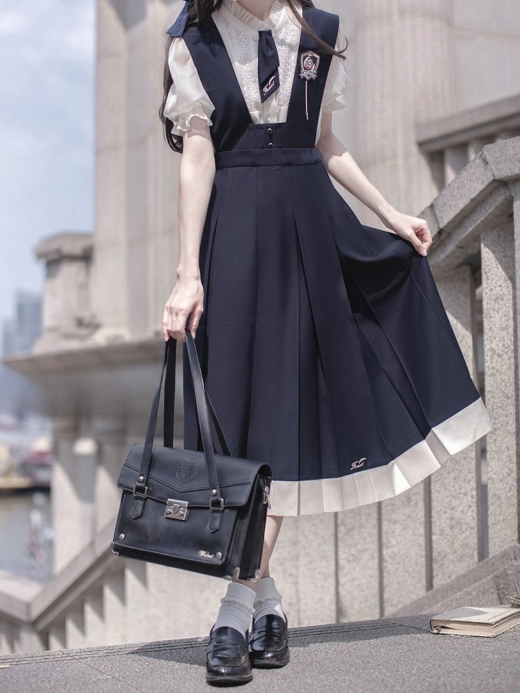 Overalls Box Embroidery Skirt Blue Letters with Pleat Dark