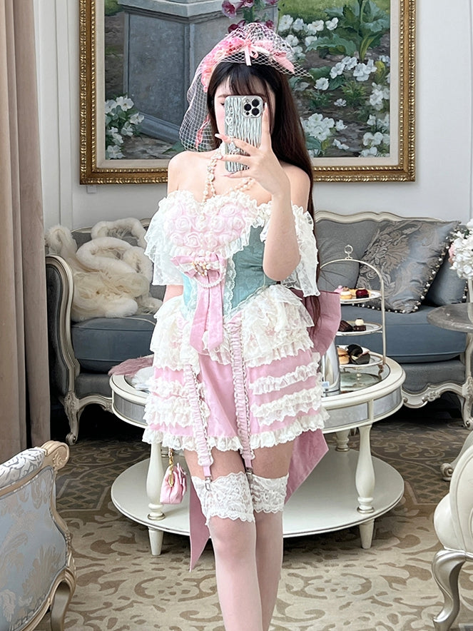 Rococo Sweetheart Skort + Corset Top Green Outfit Pink Neckline Roses
