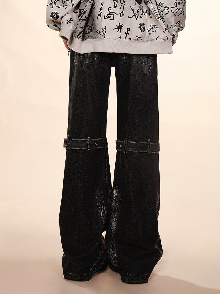 with Adjustable Knee Belt Design Waist Wide-Leg Jeans Black Low