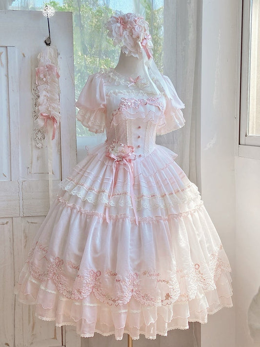 Lolita Sleeves Pink Short Dress Cherry Delicate Princess Blossom Embrodery