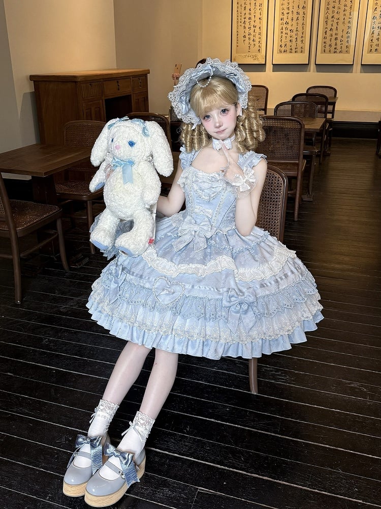 Blau-weißes Old School Lolita-Kleid mit Schleifen und herzförmiger Dekoration, Prinzessinnen-Lolita-Pulloverrock