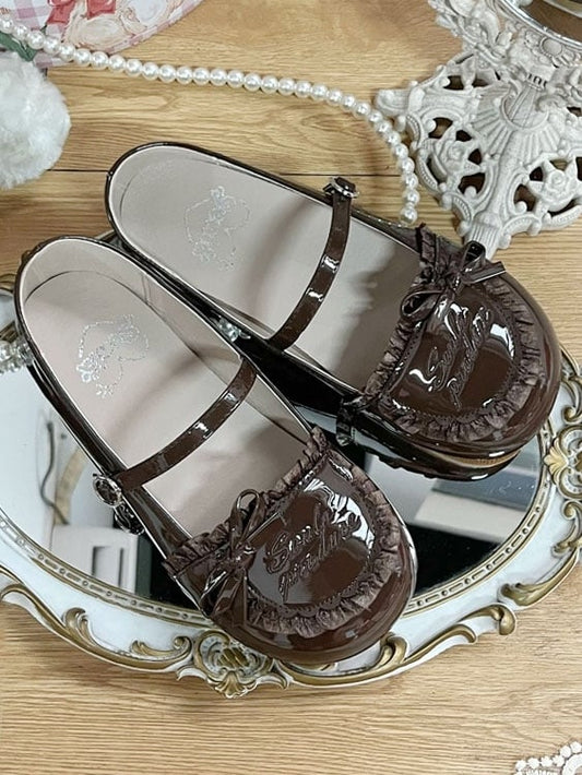 Sohle Leder Lolita geknotet süß braun Schleife flach Akzent mit Schuhe Rüschen Trim PU