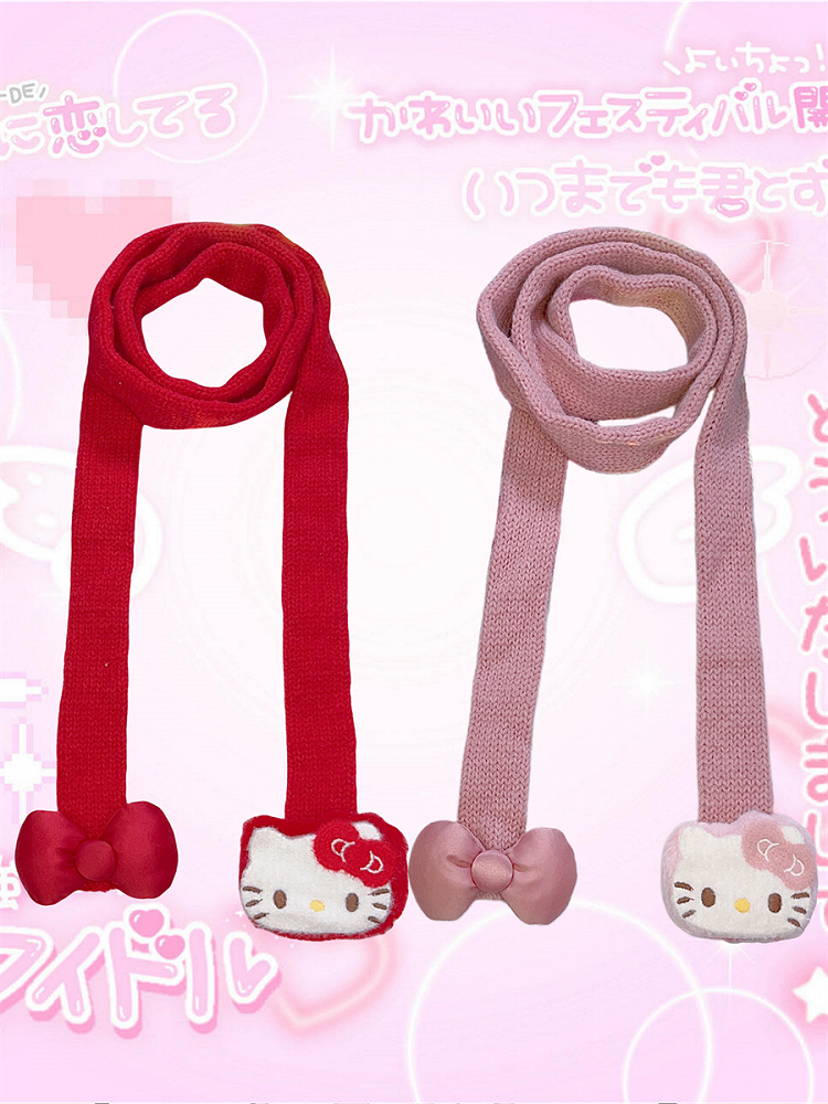 Red/Pink Y2K Kitty Design Knitted Scarf