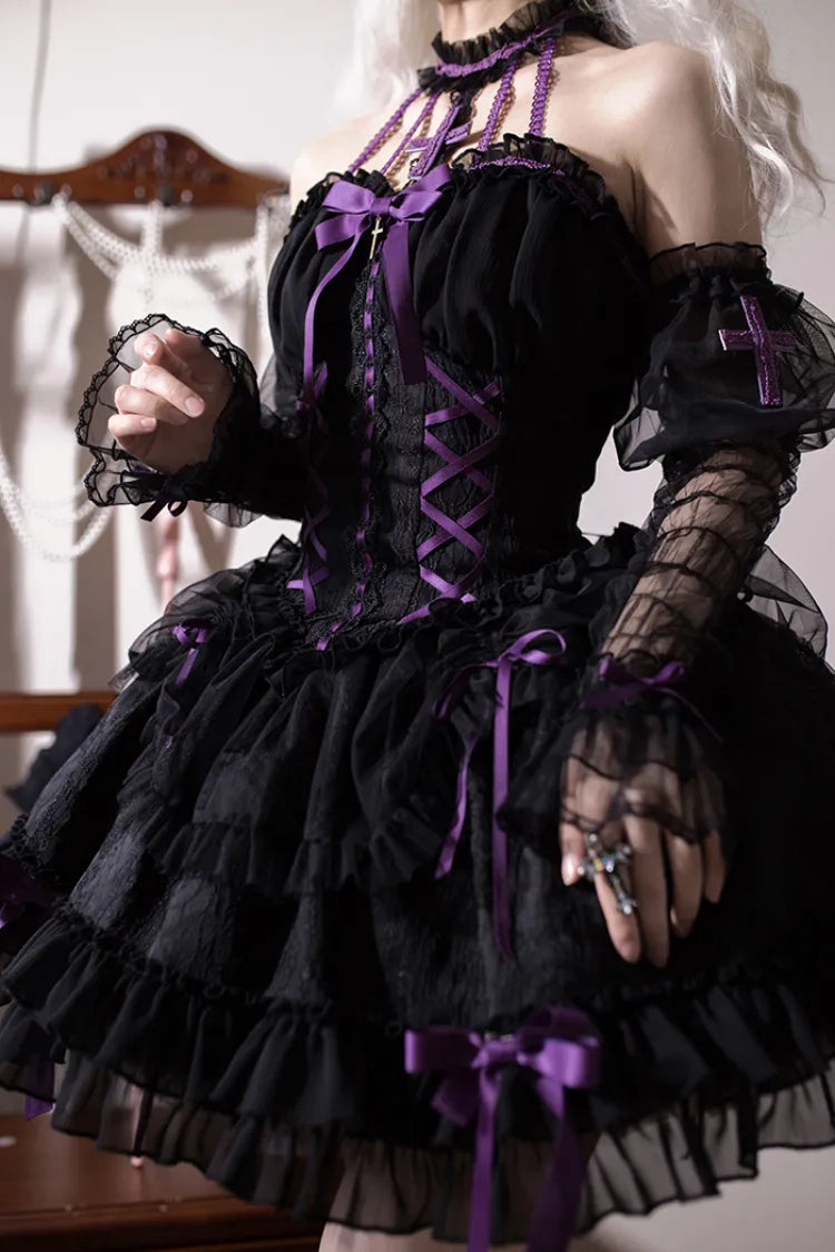 Cross Belle Black and Purple Corset Waist Gothic Lolita Dress