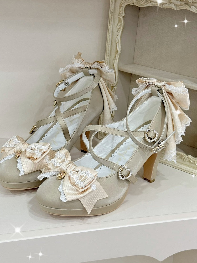 Gold Heels Top Heart Design Bow Buckle Crisscross at High