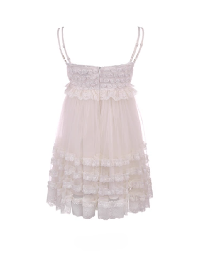 Lace With Bowknot Slip White Ruffles Dress Tiered Above Knee