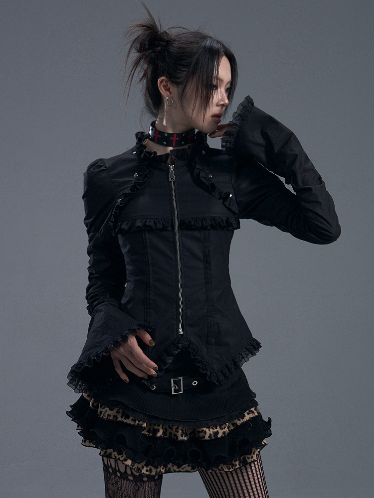 Lace-Trimmed Zipped Black Gothic Vintage Top