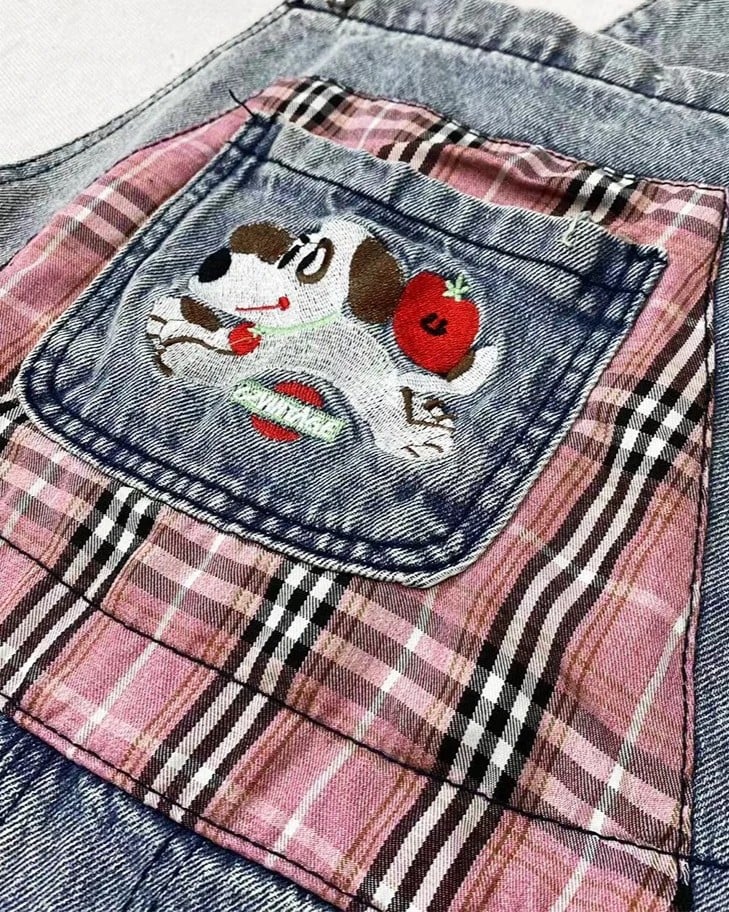 Pocket Jeans Puppy with Summer Waist Cute Accessory Plaid Overall