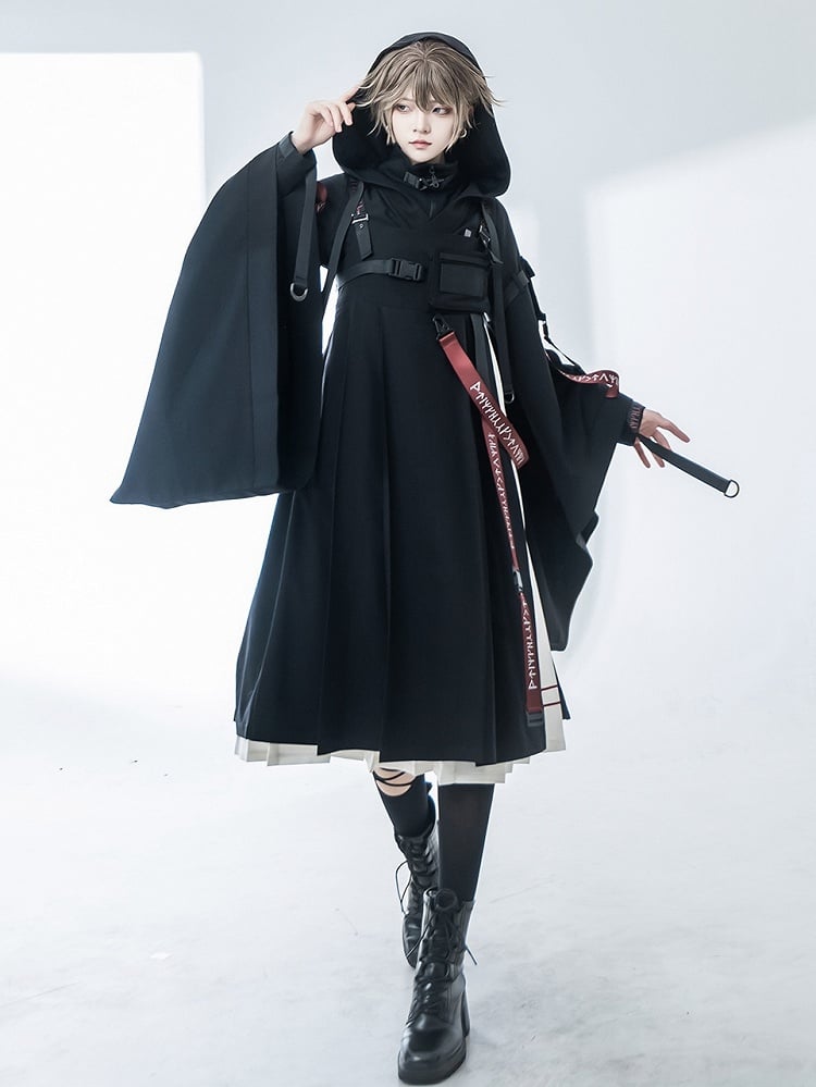 Futuristic and Dress Buckle Details White Black Techwear JSK Pleated