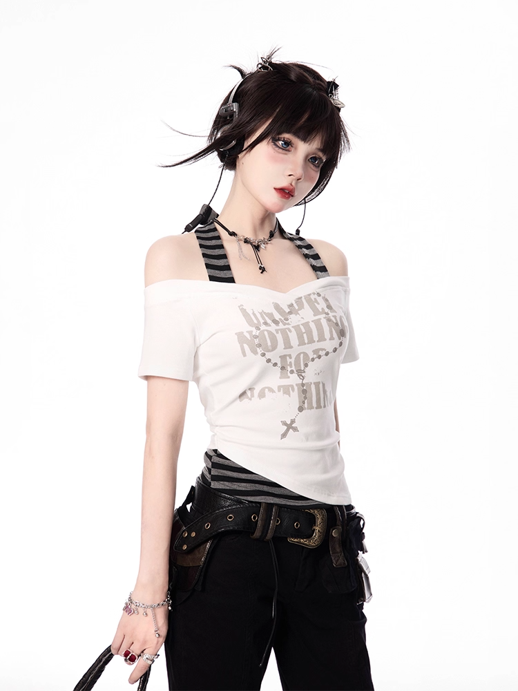 Striped Halter Neck T-shirt Gray White and Y2K Cross Necklace Print