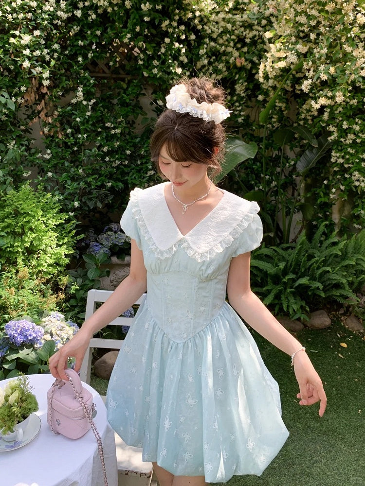 Bubble Blue Peter Pan Collar Basque Waist Allover Butterfly Embroidery Skirt Dress