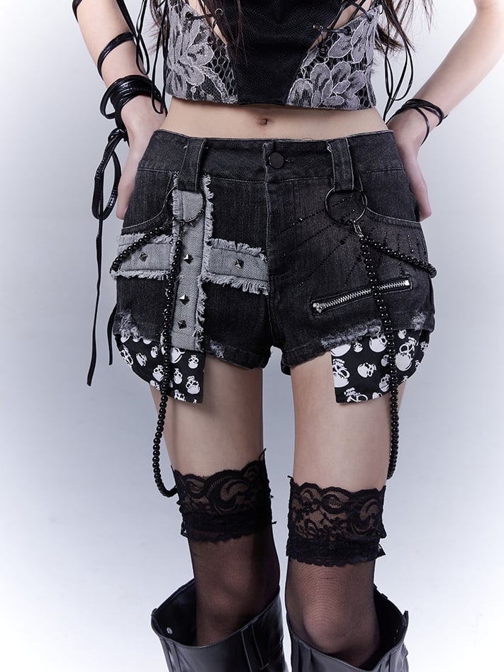 Denim Shorts Black Cross Applique Studded Glamorous Beaded Chain with Punk