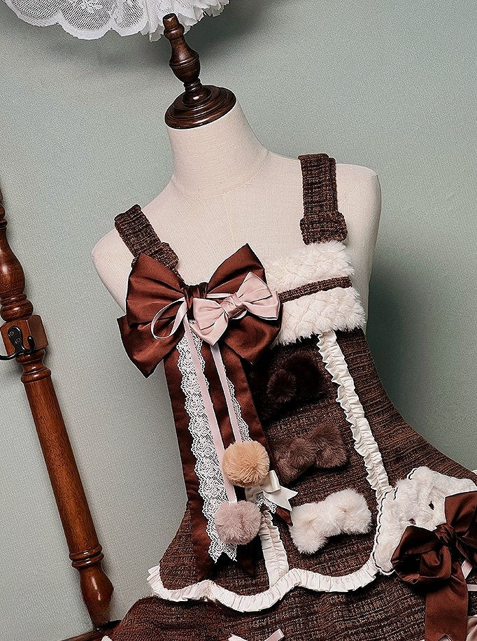 Dress and with Scalloped Brown White Sweet Trim Lolita Overalls Pom-poms Bowknots Edge