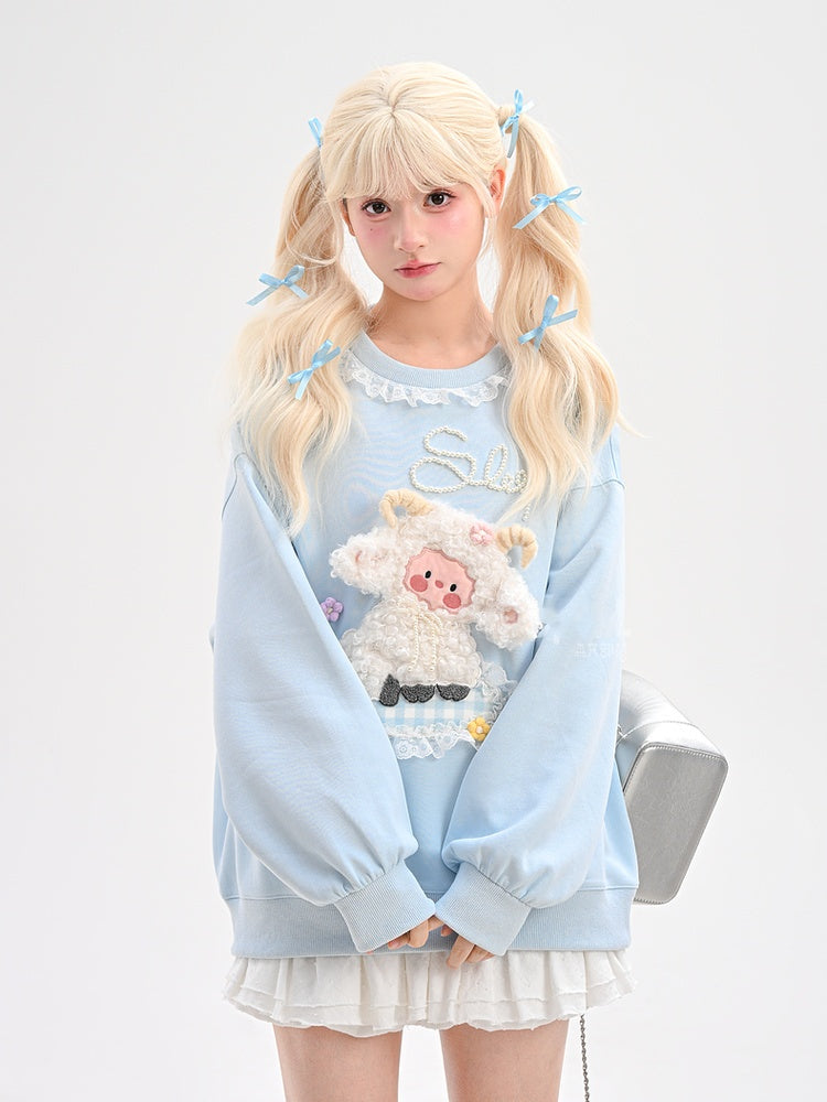 Yume Kawaii Blue Plush Lamb Knitted Floral Sweatshirt