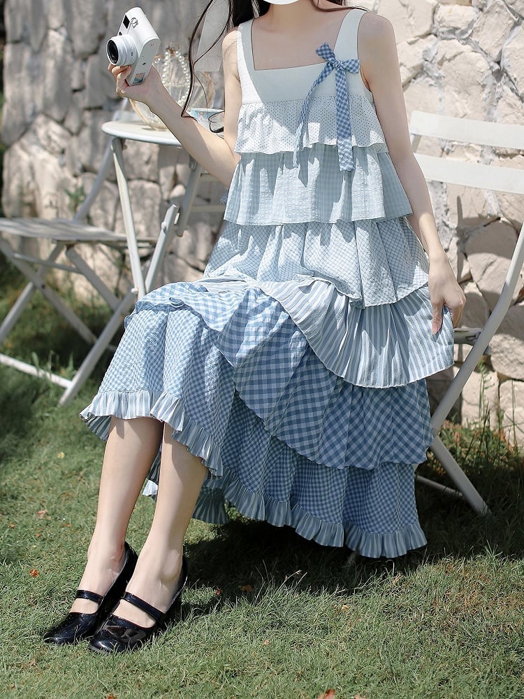 Blau mit Patchwork Urlaub Taille ärmelloses Kleid Stufenrock Gürtel