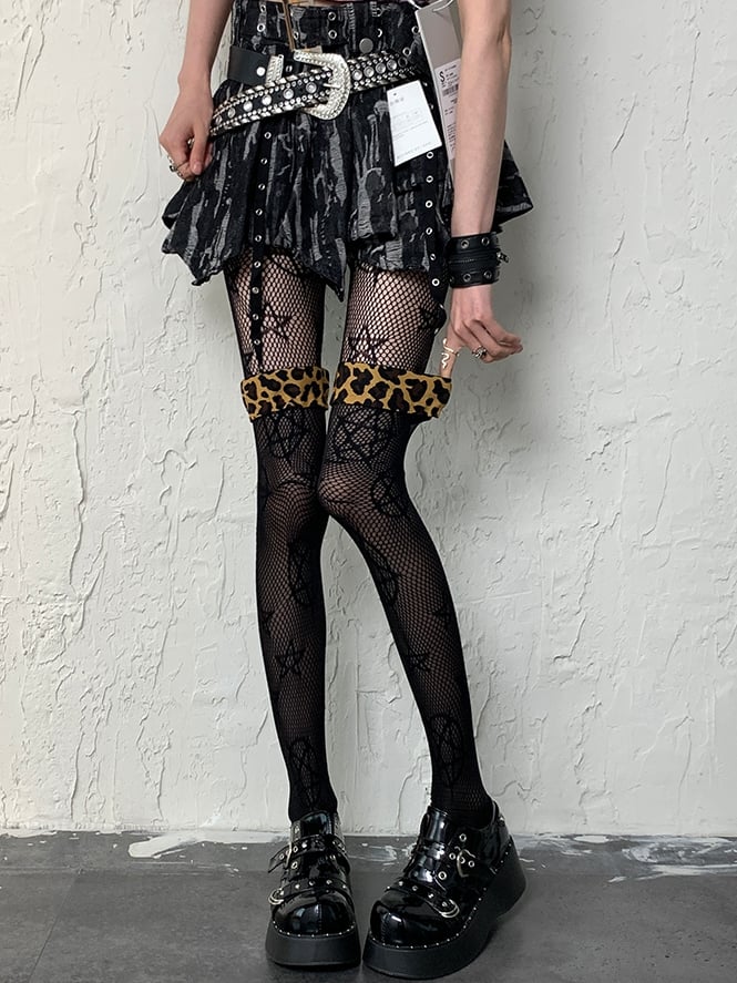 Black Cuffs Over-knee Pattern Y2K Stockings Semi-sheer Leopard