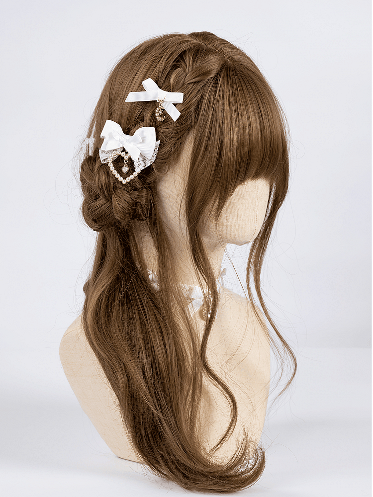 Charm Bowknot Hairclips Jirai Kei White with Beaded Moon/Heart