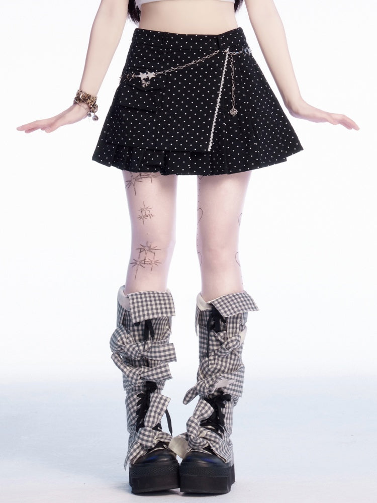 Dot Thigh-Length Skirt Black Polka