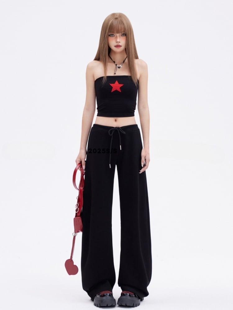 Glamorous Vintage Black Slim-fitting Bustier Top Red Star Print Cropped