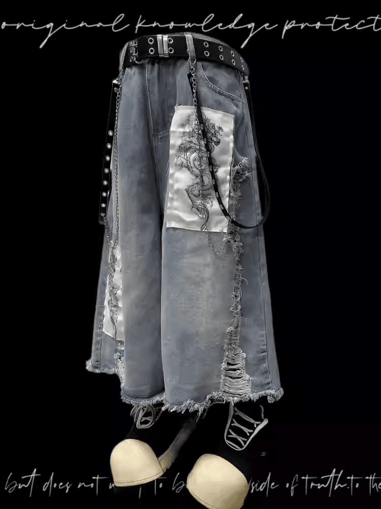 Blaue Jeans mit weitem Bein, Drachen-Applikation, ungesäumter Saum, abgenutzte Löcher, leicht
