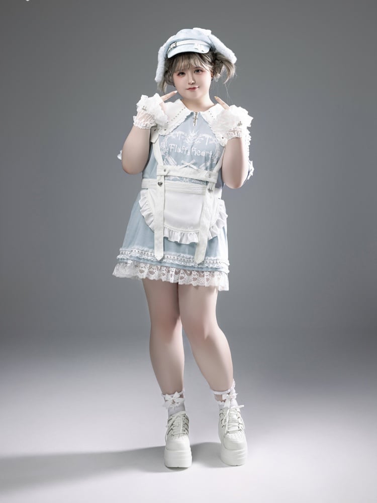 Blue Pointed Flat Collar Cutout Shoulder Lace Trim Jirai Kei Dress Light