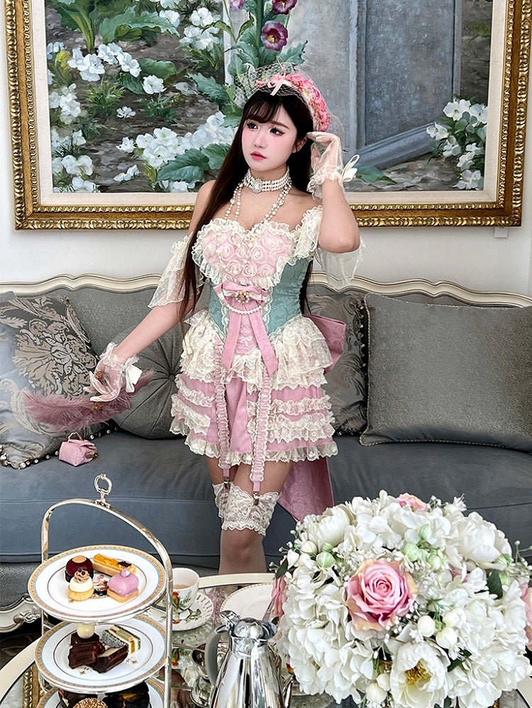 Rococo Sweetheart Skort + Corset Top Green Outfit Pink Neckline Roses