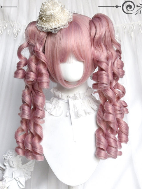 With + Clips Wigs Bangs Pink Curly Short Claw Ponytails Two Roman