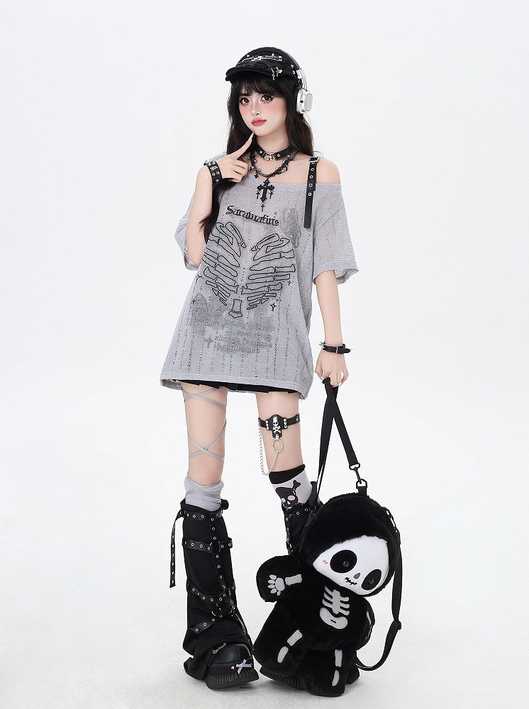 Y2K Asymmetrical Neckline Skeleton Heart Print Black/Gray/White T-Shirt