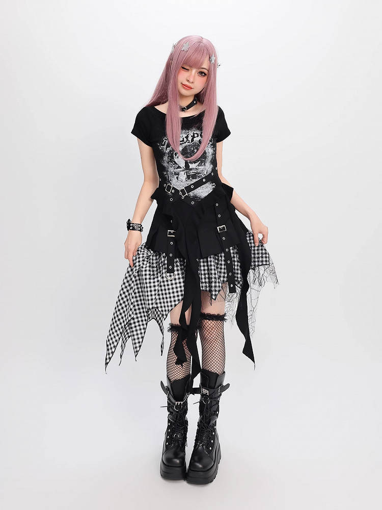 Handkerchief Hem Mesh Patchwork Y2K Black Blue/ White Plaid Skirt Black