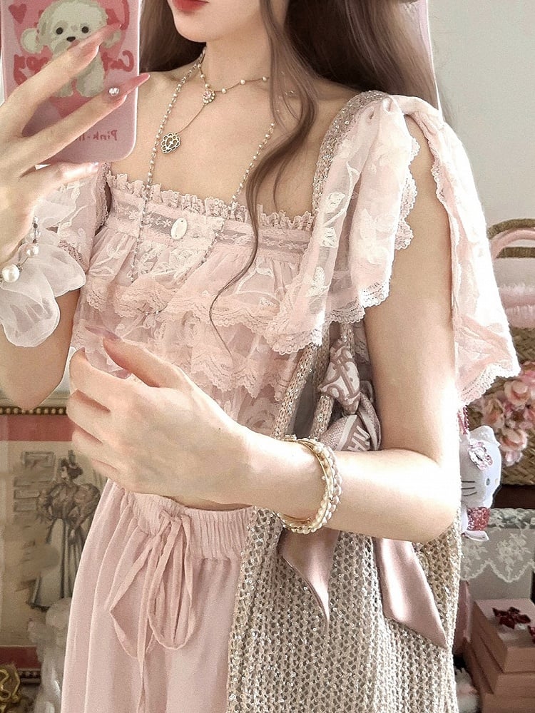 Flounce With Sakura Pink Chiffon Overlay Top Floral Embroidered Lace