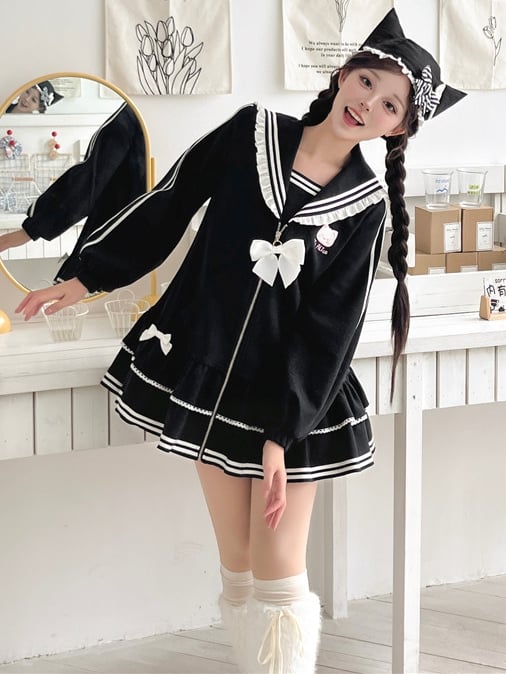 Embroidery Zip Kitty Jirai Kei Collar Dress Black Landmine Style Sailor Closure
