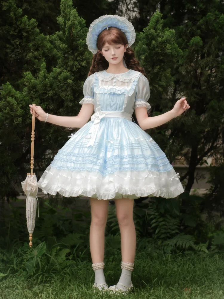 and Peter Collar Lolita Short Blue Pan Dress Sleeves White