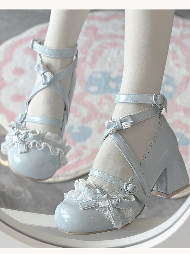 Blue at Heart Lace Top Patch Mid Heels Bow Ruffles Lolita