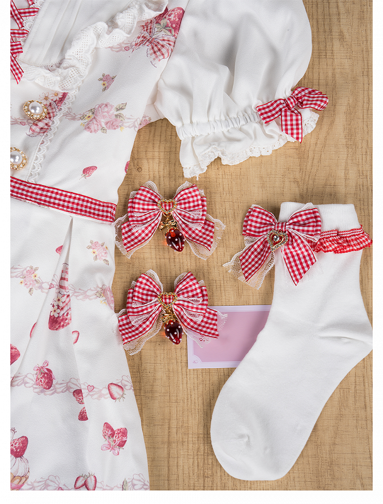 Kei Lolita White Plaid Bowknot with Sweet Ankle/Mid-Calf Socks Jirai Red Style