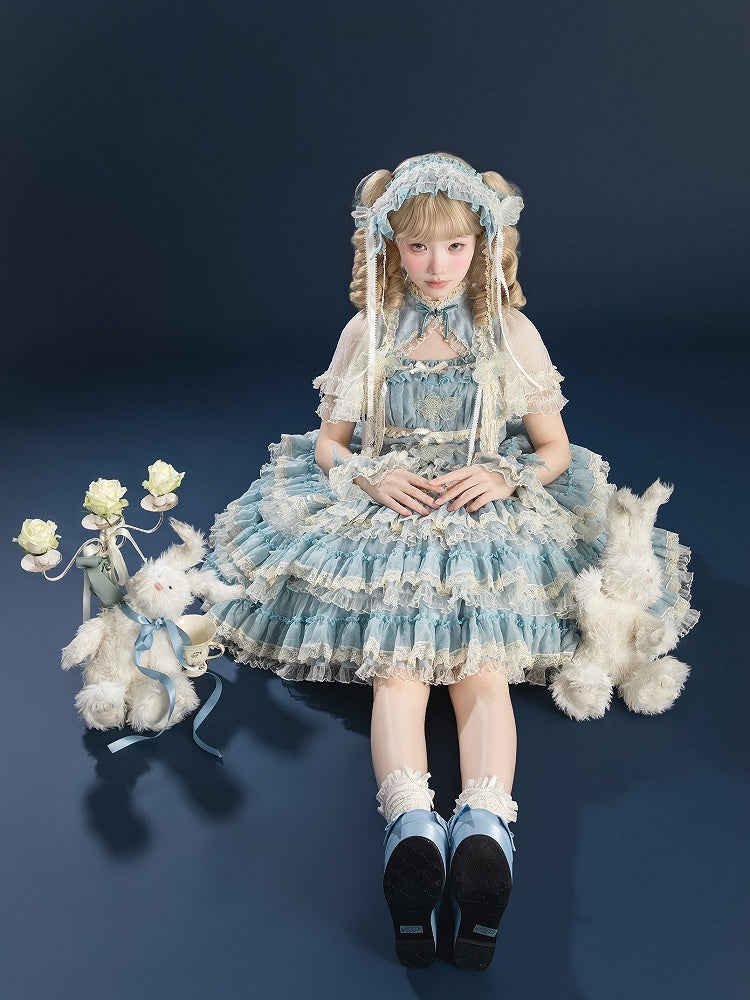 Lace with Lolita Details Embroidery and Tiered Goldfish Dress Sweet Ruffles Blue