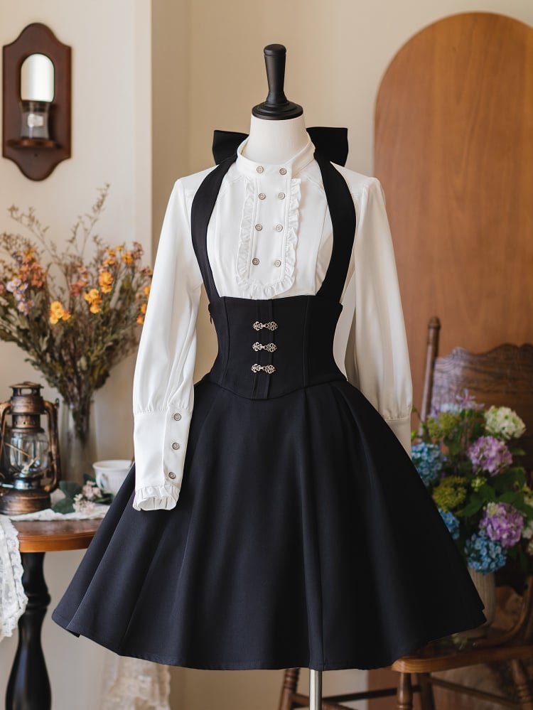 Vintage Black Short Version Boned Corset Belt High Waist Skirt with Detachable Halter Strap