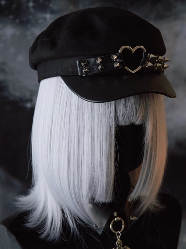 Studs Gothic Details Ring Hat Black Heart Beret